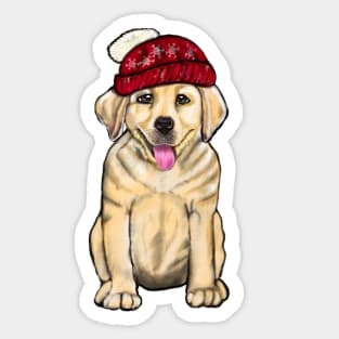 Labrador retriever- festive cute Golden Labrador retriever puppy dog in winter beanie hat Sticker